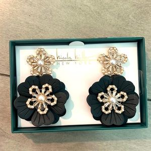 Nicole Miller floral dangling pierced earrings in  Black, with pearl accents